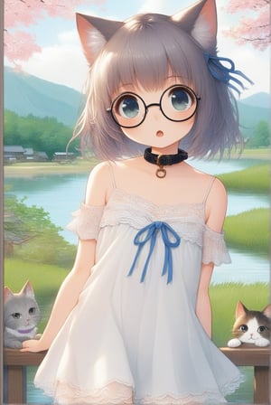 beautiful details, uniform 8K wallpaper, high resolution, exquisite texture in every detail,  beautiful illustration,manga touch

1girl, ((high school-age girl)), shyness,
look at viewer,cowboy shot,
summer, japanese countryside, in lakeside,
white Summer-like camisole dress , blue line ribbon, lots of lace,

((nekomimi)),Cat ears the same color as her hair,
short hair, open mouth, (glasses), round eyes, cat collar, 

nekomimimeganekao