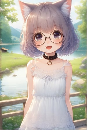 beautiful details, uniform 8K wallpaper, high resolution, exquisite texture in every detail,  beautiful illustration,manga touch

1girl, ((high school-age girl)), shyness,
look at viewer,cowboy shot,
summer, japanese countryside, in lakeside,
white Summer-like camisole dress , blue line ribbon, lots of lace,

((nekomimi)),Cat ears the same color as her hair,
short hair, open mouth, (glasses), round eyes, cat collar, smile,

nekomimimeganekao