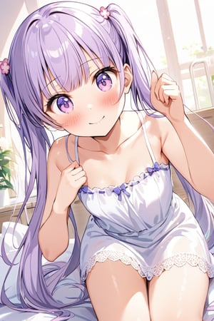 master piece, uniform 8k, ultra-detailed, score_9, score_8, best quality, very aesthetic, absurdres, amazing quality, beautiful details eyes, perfect hands,

1 girl,
suzukaze aoba, (hair ornament, long hair, purple eyes, purple hair, long twintails, flat breasts, blush, bangs:1.5),


smile, kawaii, cute,

clavicle, tiny mouth, 
summer dress, sleveless, lots of lace,


in girl's room, fancy items,

sexy pose, dynamic action, dynamic angle, dynamic shot,
looking at viewer, 
(form below:1.2),

suzukaze aoba,sakura nene