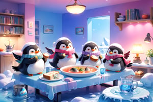 masterpiece, bestquality, illustration, watercolor,

animals , (fluffy:1.5),
4 fluffy penguins, scarfs, penguins wearing a scarf, talking, Eating bread, drinking soup with a spoon, 
in the ice room, ice low table,
stand next to the table,

cool color lighting in the room,

pink table cloth,  plate, water pot, glass,Four mugs, 4 plate with soup, a pot of soup, a salad bowl, a basket with bread,

Books, bookshelf, lamp, basket, small shelf, stuffed fish, radio cassette player,

black Arms that look like bird wings, 
cartoon, cute, fancy, putite, 

focus animal,
Xxmix_Catecat,Anime,hentai,More Reasonable Details