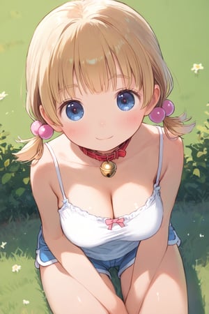 anime style, 
best quality, 8k, ultra-detailed, score_9, 
sakura nene, short hair, very short bangs, low short twintails, blonde hair, thin short eyebrows, blue eyes, hair bobbles, 

(((cute and round face))), big eyes, (((open eyes))), big eyeballs, anime style,

upper body, from above, busty, camisole, shorts, cat collar, bell, jingle bell, neck bell,

in the park,
M-shaped sitting,