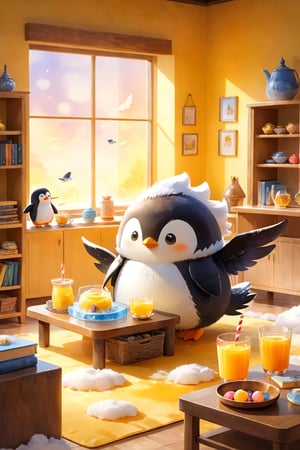 masterpiece, bestquality, illustration, watercolor,

animals , (fluffy:1.5),
2 fluffy penguins, talking, in the ice room, ice low table,
stand by the table, stand next to the table,

Warm color lighting in the room,

yellow table cloth, juice, straw, sweets on a plate, pot, tea cup,
Books, bookshelf, lamp, basket, small shelf, stuffed fish,

black Arms that look like bird wings, 
cartoon, cute, fancy, putite, 

focus animal,
Xxmix_Catecat,Anime,hentai,More Reasonable Details