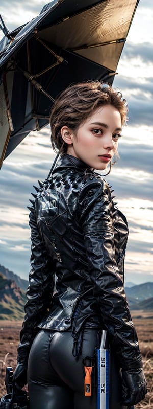 1girl, solo, hand on umbrella, (wind blowing back), (hair blowing in wind),  cute features, cowboy shot, futiristic, alone, 

fragileds,gloves, bodysuit, jacket,shoulder spikes, umbrella,