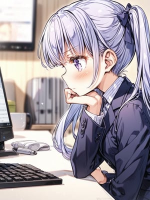 best quality, 8k, ultra-detailed, score_9, perfect hands, 

suzukazek aoba, 1girl, solo, long hair, twintails, purple hiar, purple eyes, hair ornament,

 looking at another, blush, V-sharped eyebrows, closed mouth,

 formal, dark blue jaket suit, dark blue skirt suit , neck ribbon,

, holding pen, sitting, closed mouth, solo focus, indoors, from side, cup, profile, depth of field, blurry background, chair, table, head rest, blurry foreground, computer, monitor, keyboard \(computer\), stylus,

arms on table,
arched back,


in the office, fancy items, stuffed toys, anime character figures,

suzukaze aoba,