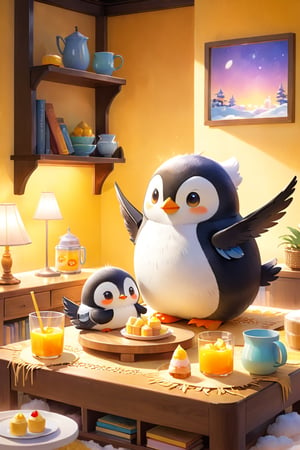 masterpiece, bestquality, illustration, watercolor,

animals , (fluffy:1.5),
2 fluffy penguins, talking, in the ice room, ice low table,
stand by the table, stand next to the table,

Warm color lighting in the room,

yellow table cloth, juice, straw, sweets on a plate, pot, tea cup,
Books, bookshelf, lamp, basket, small shelf, stuffed fish,

black Arms that look like bird wings, 
cartoon, cute, fancy, putite, 

focus animal,
Xxmix_Catecat,Anime,hentai,More Reasonable Details