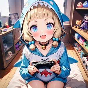 (masterpiece), sakura nene, 1girl, solo, blush, smile, short hair, (bangs), blue eyes, blonde hair, shirt, hair ornament, low twintails, collarbone, :d, blunt bangs, hair bobbles ,

cat collar, bell, jingle bell, neck bell, drawers,

girl in a cute shark costume,
holding game pad in both hands,

smile, :3, V-shraped eyebrows,

in the play room, display low shelve, fancy items, home game consoles, game pads, puzzle toys, toys, fancy toys, stuffed toys, anime character figures, cushions, Wooden floors, light blue carpet, large windows, posters,

sit on the floor, cowboy shot,

looking at viewer, shot from front and above,
score_9,sakura nene,score_8_up,Details,mona,Detailed Masterpiece,