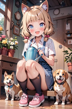 (masterpiece), sakura nene, 1girl, looking at viewer, blush, smile, short hair, open mouth, ((bangs)), blue eyes, blonde hair, brown hair, shirt, hair ornament, twintails, , collarbone, :d, blunt bangs, hair bobbles ,

 , animal, white flower, shirt, animal ears, flower, collared shirt, , socks, , black socks, gloves, , apron, holding, sitting, , blush, ,tail, yellow flower, pink footwear, white shirt, animal ear fluff, , bird, kneehighs, knees away, dog between legs, full body, skirt, rose, potted plant, , watering can, , shoes, grey skirt,

play with dog, dog looking a girl,
looking at dog, shot from front and below,

score_9,sakura nene,score_8_up,Details,mona,Detailed Masterpiece