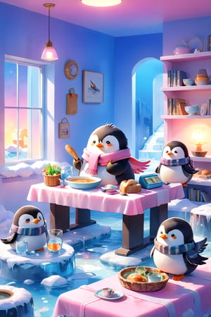 masterpiece, bestquality, illustration, watercolor,

animals , (fluffy:1.5),
4 fluffy penguins, scarfs, penguins wearing a scarf, talking, Eating bread, drinking soup with a spoon, 
in the ice room, ice low table,
stand next to the table,

cool color lighting in the room,

pink table cloth,  plate, water pot, glass,Four mugs, 4 plate with soup, a pot of soup, a salad bowl, a basket with bread,

Books, bookshelf, lamp, basket, small shelf, stuffed fish, radio cassette player,

black Arms that look like bird wings, 
cartoon, cute, fancy, putite, 

focus animal,
Xxmix_Catecat,Anime,hentai,More Reasonable Details