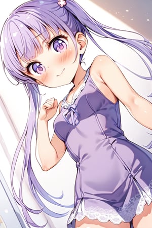 master piece, uniform 8k, ultra-detailed, score_9, score_8, best quality, very aesthetic, absurdres, amazing quality,  perfect hands,

beautiful details eyes, big round eyes,

1 girl,
suzukaze aoba, (hair ornament, long hair, purple eyes, purple hair, long twintails, flat breasts, blush, bangs:1.5),


smile, kawaii, cute,

clavicle, tiny mouth, 
summer dress, sleveless, lots of lace,


in girl's room, fancy items,

sexy pose, dynamic action, dynamic angle, dynamic shot,
looking at viewer, 
(form below:1.2), from side,

suzukaze aoba,sakura nene