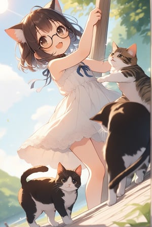 beautiful details, uniform 8K wallpaper, high resolution, exquisite texture in every detail,  beautiful illustration,manga touch, good contrast

1girl, (((very young girl))), shyness,
summer, blue sky, japanese countryside, in lakeside,

white Summer-like camisole dress , blue line ribbon, lots of lace,

((nekomimi)),Cat ears the same color as her hair,
short hair, open mouth, (glasses), round eyes, cat collar,  bell, jingle bell, neck bell, black hair, smile, :3,

in the park, 
play with cats, looking at cats, arms up, arm in cat, hand on cat, 
frying,  jumping, fluttering in the wind,


shot angle is slightly tilted, adding dynamic movement to the shot, shot from side and below,

nekomimimeganekao,Deformed