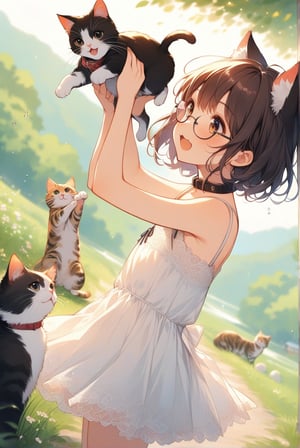 beautiful details, uniform 8K wallpaper, high resolution, exquisite texture in every detail,  beautiful illustration,manga touch

1girl, (((very young girl))), shyness,
summer, japanese countryside, in lakeside,
white Summer-like camisole dress , blue line ribbon, lots of lace,

((nekomimi)),Cat ears the same color as her hair,
short hair, open mouth, (glasses), round eyes, cat collar, , black hair, smile, :3,

in the park, play with cats,
frying,  jumping, fluttering in the wind,

shot angle is slightly tilted, adding dynamic movement to the shot, shot from side and below,
looking at cats, arms up, arm in cat, hand on cat, 


nekomimimeganekao,Deformed