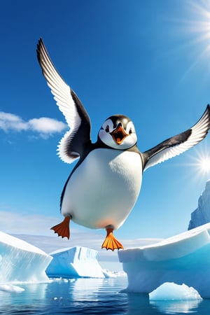 1 animal , penguin,

Puffin, like a penguin, mini fish fins, mini fish tail, chicken legs, ((stubby)), ((short stature)), 

happily flying, ocean, iceberg, Antarctica, sunny sky, dynamic action,

focus animal,