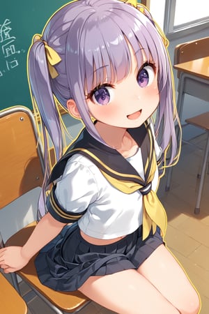 anime style,  uncensored, 
best quality, 8k, ultra-detailed, score_9, 

suzukaze aoba, 1girl, long hair, twintails, purple hiar, purple eyes, hair ornament, blush, bangs,

smile, kawaii, cute, open mouth, chestnut mouth,

clavicle, tiny mouth, 

BREAK,
kizaki school uniform,
summer, 
(single yellow line on white school uniform:1.7),
(black sailor collar, yellow ribbon tie:1.5), beautiful details navel, lifted black skirt, 
BREAK,

in girl's room, fancy items, sit on chair,

(sexy pose:1.5), dynamic action, dynamic angle, dynamic shot, (from above:1.0),
looking at viewer,
score_8_up,score_7_up