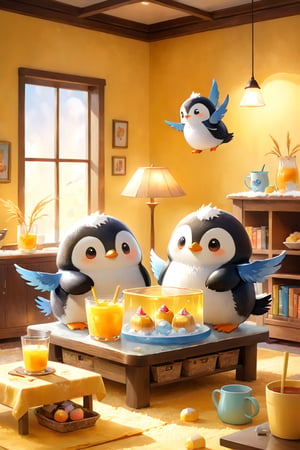 masterpiece, bestquality, illustration, watercolor,

animals , (fluffy:1.5),
3 fluffy penguins, talking, in the ice room, ice low table,
stand by the table, stand next to the table,

Warm color lighting in the room,

yellow table cloth, juice, straw, sweets on a plate, pot, tea cup,
Books, bookshelf, lamp, basket, small shelf, stuffed fish,

black Arms that look like bird wings, 
cartoon, cute, fancy, putite, 

focus animal,
Xxmix_Catecat,Anime,hentai,More Reasonable Details