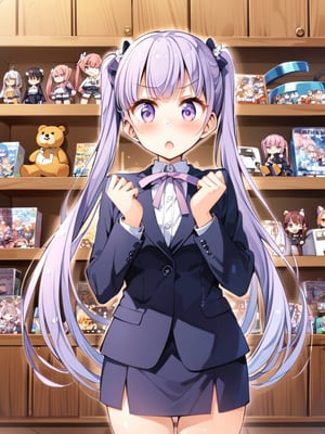 suzukazek aoba, 1girl, long hair, twintails, purple hiar, purple eyes, hair ornament,

 looking at viewer, blush, V-sharped eyebrows, :o, 

 formal, dark blue jaket suit, dark blue skirt suit , neck ribbon,

standing, standing straight, make clenched hands in front of own slightly below the throat,

in the collection room, display shelves, fancy items, home game consoles, game pads, puzzles, toys, fancy toys, stuffed toys, anime character figures,

shot from front , cowboy shot,

suzukaze aoba,