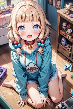 (masterpiece), perfect hands,
sakura nene, 1girl, solo, blush, smile, short hair, (bangs), blue eyes, blonde hair, shirt, hair ornament, low twintails, collarbone, :d, blunt bangs, hair bobbles ,

cat collar, bell, jingle bell, neck bell, drawers,


put on the hood of the cute Shark hoodie, 
holding game pad in both hands,

smile, :3, V-shraped eyebrows,

in the play room, display low shelve, fancy items, home game consoles, game pads, puzzle toys, toys, fancy toys, stuffed toys, anime character figures, cushions, Wooden floors, light blue carpet, large windows, posters,

sit on the floor, full body,

looking at viewer, shot from front and above,
score_9,sakura nene,score_8_up,Details,mona,Detailed Masterpiece,