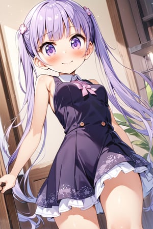 master piece, uniform 8k, ultra-detailed, score_9, score_8, best quality, very aesthetic, absurdres, amazing quality,  perfect hands,

beautiful details eyes, big round eyes,

1 girl,
suzukaze aoba, (hair ornament, long hair, purple eyes, purple hair, long twintails, flat breasts, blush, bangs:1.5),


smile, kawaii, cute,

clavicle, tiny mouth, 
summer dress, sleveless, lots of lace,


in girl's room, fancy items,

sexy pose, dynamic action, dynamic angle, dynamic shot,
looking at viewer, 
(form below:1.2),

suzukaze aoba,sakura nene