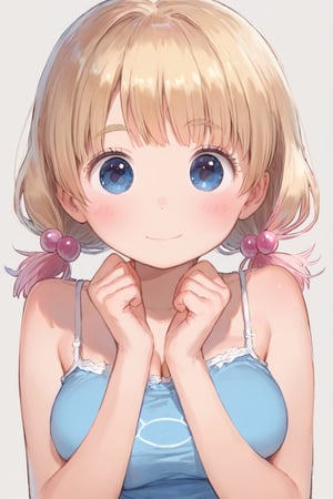 anime style, 
best quality, 8k, ultra-detailed, score_9, 
sakura nene, short hair, very short bangs, low short twintails, blonde hair, thin short eyebrows, blue eyes, hair bobbles, 

(((cute and round face))), big eyes, (((open eyes))), big eyeballs, anime style,

upper body, from front, busty, camisole, shorts,