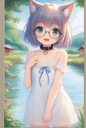 beautiful details, uniform 8K wallpaper, high resolution, exquisite texture in every detail,  beautiful illustration,manga touch

1girl, ((high school-age girl)), shyness,
look at viewer,cowboy shot,
summer, japanese countryside, in lakeside,
white Summer-like camisole dress , blue line ribbon, lots of lace,

((nekomimi)),Cat ears the same color as her hair,
short hair, open mouth, (glasses), round eyes, cat collar, smile

nekomimimeganekao