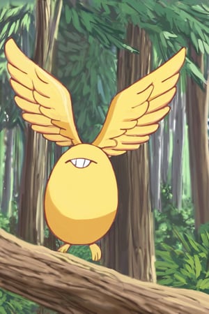 master piece, best quality, 

onsokumaru, creature,  solo,  smile, , closed eyes, grin,  no humans,  one head, yellow wings,
 
in the forest,
tree, nature, forest, day, 
