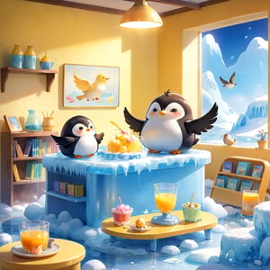 masterpiece, bestquality, illustration, watercolor,



animals , (fluffy:1.5),
2 fluffy penguin, talking, in the ice room, ice table,
sit on ice chairs, stand by the table,

Warm color lighting in the room,

yellow table cloth, juice, straw, sweets on a plate, pot, tea cup,

Books, bookshelf, lamp, basket, small shelf, stuffed fish,

bird wings, No arms, use wings like arms,
cartoon, cute, fancy, putite, 

focus animal,
Xxmix_Catecat,Anime,hentai,More Reasonable Details