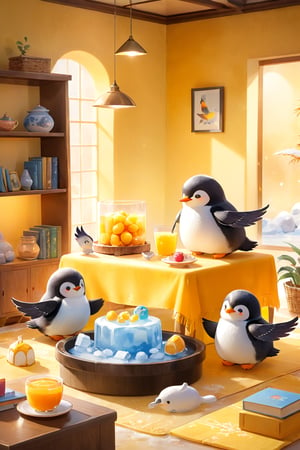 masterpiece, bestquality, illustration, watercolor,

animals , (fluffy:1.5),
3 fluffy penguins, talking, in the ice room, ice low table,
stand by the table, stand next to the table,

Warm color lighting in the room,

yellow table cloth, juice, straw, sweets on a plate, pot, tea cup,
Books, bookshelf, lamp, basket, small shelf, stuffed fish,

black Arms that look like bird wings, 
cartoon, cute, fancy, putite, 

focus animal,
Xxmix_Catecat,Anime,hentai,More Reasonable Details