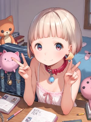 anime style, 
best quality, 8k, ultra-detailed, score_9, 
perfect hands,

1 girl, solo,
sakura nene, short hair, (very short bangs:3.0), low short twintails, light blonde hair, thin short eyebrows, blue eyes, hair bobbles, 

(((cute and round face))), big eyes, (((open eyes))), big eyeballs, anime style,

((flat chest)), summer like camisole, ruffle mini skart, pink lace ribbon, lots of lace, 

red randoseru, Stuffed animals, notebooks, textbooks, pencil cases, manga books, notebooks, japanese kid's red school bag,

cat collar on long  chain, 

in the girl's room,

M-shaped sitting, sit on bed, 
hands in peace sign, double peace sign, 
smile, :),

looking at viewer,
upper body, from front, busty, 

