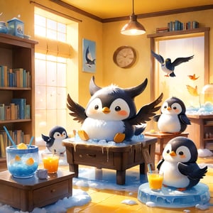 masterpiece, bestquality, illustration, watercolor,



animals , (fluffy:1.5),
2 fluffy penguin talking in the ice room,
on chair, 

Warm color lighting in the room,

Ice chairs, ice table, yellow table sheet, juice, straw, sweets on a plate, pot, tea cup,

Books, bookshelf, lamp, basket, small shelf, stuffed fish,

bird wings, No arms, use wings like arms,
cartoon, cute, fancy, putite, 

focus animal,
Xxmix_Catecat,Anime,hentai,More Reasonable Details