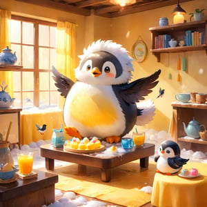 masterpiece, bestquality, illustration, watercolor,



animals , (fluffy:1.5),
2 fluffy penguin, talking, in the ice room, ice low table,
stand by the table,

Warm color lighting in the room,

yellow table cloth, juice, straw, sweets on a plate, pot, tea cup,

Books, bookshelf, lamp, basket, small shelf, stuffed fish,

bird wings, No arms, use wings like arms,
cartoon, cute, fancy, putite, 

focus animal,
Xxmix_Catecat,Anime,hentai,More Reasonable Details