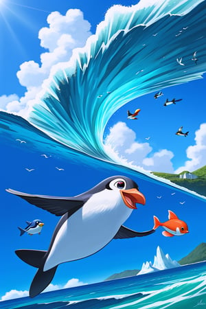 masterpiece, bestquality, cute,

animals , fancy, putite, one head, penguin, Emperor penguin,bird wings, bird regs, fish fin, fish tail, flying happily, ocean, iceberg, Antarctica, clear sky, dynamic action,

focus animal,