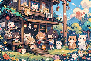 ((anime chibi style)), masterpiece, highly detailed, 16K, HD, cute with adorable eyes and Legs dangling on the porch of a house in the Japanese countryside, dynamic angle, depth of field,2girl,simplecats, cat ear, sleeping cat and  playing cat,