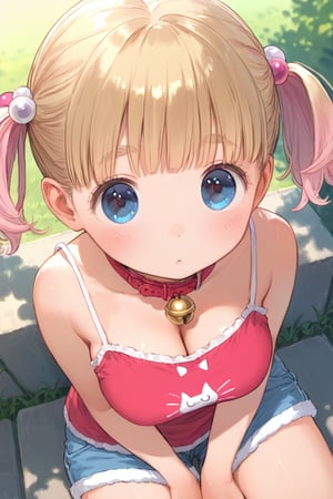 anime style, 
best quality, 8k, ultra-detailed, score_9, 
sakura nene, short hair, very short bangs, low short twintails, blonde hair, thin short eyebrows, blue eyes, hair bobbles, 

(((cute and round face))), big eyes, (((open eyes))), big eyeballs, anime style,

upper body, from above, busty, camisole, shorts, cat collar, bell, jingle bell, neck bell,

in the park,
M-shaped sitting,