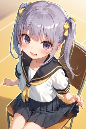 anime style,  uncensored, 
best quality, 8k, ultra-detailed, score_9, 

suzukaze aoba, 1girl, long hair, twintails, purple hiar, purple eyes, hair ornament, blush, bangs,

smile, kawaii, cute, open mouth, chestnut mouth,

clavicle, tiny mouth, 

BREAK,
kizaki school uniform,
summer, 
(single yellow line on white school uniform:1.7),
(black sailor collar, yellow ribbon tie:1.5), beautiful details navel, lifted black skirt, 
BREAK,

in girl's room, fancy items, sit on chair,

(sexy pose:1.5), dynamic action, dynamic angle, dynamic shot, (from above:2.0),
looking at viewer,
score_8_up,score_7_up