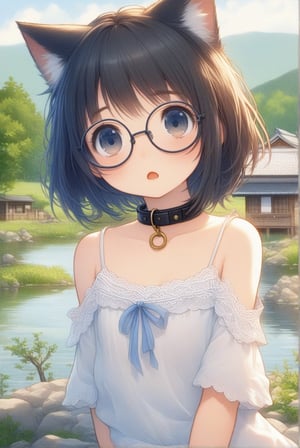 beautiful details, uniform 8K wallpaper, high resolution, exquisite texture in every detail,  beautiful illustration,manga touch

1girl, ((high school-age girl)), shyness,
look at viewer, upper body,
summer, japanese countryside, in lakeside,
white Summer-like camisole dress , blue line ribbon, lots of lace,

((nekomimi)),Cat ears the same color as her hair,
short hair, open mouth, (glasses), round eyes, cat collar, , black hair, small mouth,

nekomimimeganekao