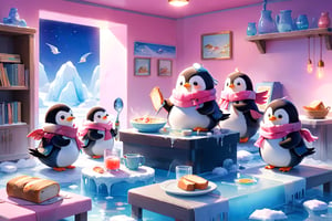 masterpiece, bestquality, illustration, watercolor,

animals , (fluffy:1.5),
4 fluffy penguins, scarfs, penguins wearing a scarf, talking, Eating bread, drinking soup with a spoon, 
in the ice room, ice low table,
stand next to the table,

cool color lighting in the room,

pink table cloth,  plate, water pot, glass,Four mugs, 4 plate with soup, a pot of soup, a salad bowl, a basket with bread,

Books, bookshelf, lamp, basket, small shelf, stuffed fish, radio cassette player,

black Arms that look like bird wings, 
cartoon, cute, fancy, putite, 

focus animal,
Xxmix_Catecat,Anime,hentai,More Reasonable Details