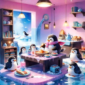 masterpiece, bestquality, illustration, watercolor,

animals , (fluffy:1.5),
4 fluffy penguins, scarfs, penguins wearing a scarf, talking, Eating bread, drinking soup with a spoon, 
in the ice room, ice low table,
stand next to the table,

cool color lighting in the room,

pink table cloth,  plate, water pot, glass,Four mugs, 4 plate with soup, a pot of soup, a salad bowl, a basket with bread,

Books, bookshelf, lamp, basket, small shelf, stuffed fish, radio cassette player,

black Arms that look like bird wings, 
cartoon, cute, fancy, putite, 

focus animal,
Xxmix_Catecat,Anime,hentai,More Reasonable Details