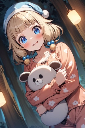 best quality,
sakura nene, 1girl, looking at viewer, blush, smile, short hair, , bangs, blue eyes, blonde hair, brown hair, shirt, hair ornament, twintails, , collarbone,  blunt bangs,  hair bobbles , 

anxiety face, wavey mouth, close mouth, sad,

in the forest, Pajamas, nightcap, holding the arm of a stuffed animal, hugging a pillow, scared, dark forest, some balls of light floating

waking, looking at another,

underlighting,

shot angle is slightly tilted, shot from below, cowboy shot,
