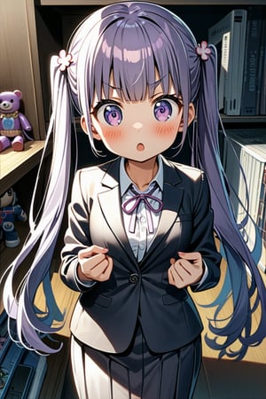 suzukazek aoba, 1girl, long hair, twintails, purple hiar, purple eyes, hair ornament,

 looking at viewer, blush, V-sharped eyebrows, :o, 

 formal,  jaket, skirt suit , neck ribbon, 

standing, standing straight, make clenched hands in front of own collarbones,

in the office , display shelves, fancy items, home game consoles, game pads, puzzles, toys, fancy toys, stuffed toys, anime character figures,

shot from front , cowboy shot,

suzukaze aoba,