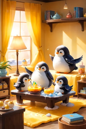 masterpiece, bestquality, illustration, watercolor,

animals , (fluffy:1.5),
3 fluffy penguins, talking, in the ice room, ice low table,
stand by the table, stand next to the table,

Warm color lighting in the room,

yellow table cloth, juice, straw, sweets on a plate, pot, tea cup,
Books, bookshelf, lamp, basket, small shelf, stuffed fish,

black Arms that look like bird wings, 
cartoon, cute, fancy, putite, 

focus animal,
Xxmix_Catecat,Anime,hentai,More Reasonable Details