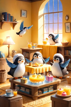masterpiece, bestquality, illustration, watercolor,



animals , (fluffy:1.5),
3 fluffy penguins, talking, in the ice room, ice low table,
stand by the table,

Warm color lighting in the room,

yellow table cloth, juice, straw, sweets on a plate, pot, tea cup,

Books, bookshelf, lamp, basket, small shelf, stuffed fish,

bird wings, No arms, use wings like arms,
cartoon, cute, fancy, putite, 

focus animal,
Xxmix_Catecat,Anime,hentai,More Reasonable Details