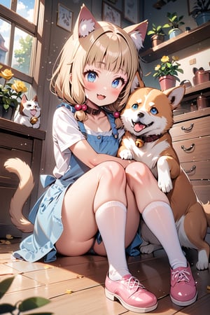 (masterpiece), sakura nene, 1girl, looking at viewer, blush, smile, short hair, , (bangs), blue eyes, blonde hair, brown hair, shirt, hair ornament, low twintails, , collarbone, :d, blunt bangs, hair bobbles ,

 , animal, white flower, shirt, animal ears, flower, collared shirt, , socks, , white socks, gloves, , apron,  sitting, , blush, ,tail, yellow flower, pink footwear, white shirt, animal ear fluff, , bird, kneehighs,, full body, skirt, rose, potted plant, , watering can, , shoes, blue skirt,

cat collar, bell, jingle bell, neck bell,

smile, :3, V-shraped eyebrows,

drawers,
sit on the floor, open legs, knees away,

sitting cross-legged, korgi dog, dog between legs,
hug the dog, play with dog,
dog and girl facing each other, 

looking at another, shot from side and below,


score_9,sakura nene,score_8_up,Details,mona,Detailed Masterpiece,nekomimimeganekao