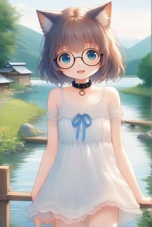 beautiful details, uniform 8K wallpaper, high resolution, exquisite texture in every detail,  beautiful illustration,manga touch

1girl, ((high school-age girl)), shyness,
look at viewer,cowboy shot,
summer, japanese countryside, in lakeside,
white Summer-like camisole dress , blue line ribbon, lots of lace,

((nekomimi)),Cat ears the same color as her hair,
short hair, open mouth, (glasses), round eyes, cat collar, smile,

nekomimimeganekao