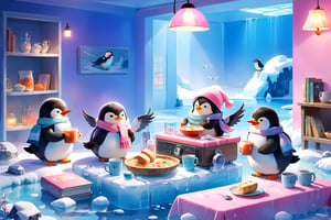 masterpiece, bestquality, illustration, watercolor,

animals , (fluffy:1.5),
4 fluffy penguins, scarfs, penguins wearing a scarf, talking, Eating bread, drinking soup with a spoon, 
in the ice room, ice low table,
stand next to the table,

cool color lighting in the room,

pink table cloth,  plate, water pot, glass,Four mugs, 4 plate with soup, a pot of soup, a salad bowl, a basket with bread,

Books, bookshelf, lamp, basket, small shelf, stuffed fish, radio cassette player,

black Arms that look like bird wings, 
cartoon, cute, fancy, putite, 

focus animal,
Xxmix_Catecat,Anime,hentai,More Reasonable Details