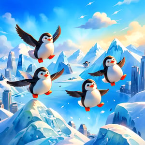 masterpiece, bestquality, illustration, watercolor,

animals , (fluffy:1.5),
4 fluffy penguins, talking, 

Penguins are flying,  in the sky, 
They are happily flying around.,

Flying high in the sky, you can see a shrunken cityscape in the distance below. In the distance there is a mountain of ice. The land of Antarctica.,

black Arms that look like bird wings, 
cartoon, cute, fancy, putite, 

focus animal,
Xxmix_Catecat,Anime,hentai,More Reasonable Details