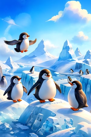 masterpiece, bestquality, illustration, watercolor,

animals , (fluffy:1.5),
4 fluffy penguins, talking, 

Penguins are flying in the sky. It hasn't landed.,
They are happily flying around.,

Flying high in the sky, you can see a shrunken cityscape in the distance below. In the distance there is a mountain of ice. The land of Antarctica.,

black Arms that look like bird wings, 
cartoon, cute, fancy, putite, 

focus animal,
Xxmix_Catecat,Anime,hentai,More Reasonable Details
