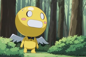 (((onsokumaru))), all yellow ball on wings and face, one head,  in the forest, no body, mascot character,