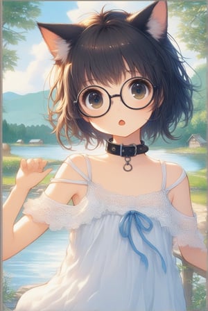 beautiful details, uniform 8K wallpaper, high resolution, exquisite texture in every detail,  beautiful illustration,manga touch

1girl, ((high school-age girl)), shyness,
look at viewer, upper body,
summer, japanese countryside, in lakeside,
white Summer-like camisole dress , blue line ribbon, lots of lace,

((nekomimi)),Cat ears the same color as her hair,
short hair, open mouth, (glasses), round eyes, cat collar, , black hair, small mouth,

nekomimimeganekao