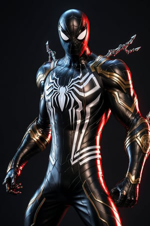 Angry spider man black and white paint soldier character, anthropomorphic character wearing magical sci-fi magical gear and weapons, reflection map, realistic character, super detailed, cinematic lighting photography, 32k uhd with golden staff, red lighting suit, tight abs Clothes