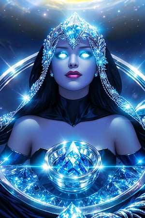 Floating on the crystal magic circle (Spider-Man, Iron Woman), spitting out a large blue light magic circle, mysteriously glowing diamonds on the forehead, entangled in black and white, entangled in crystal silver, glowing contact lenses, flying in the air