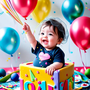 A joyful celebration! A toddler's first birthday party unfolds on a bright, colorful page. A chubby-cheeked baby sits amidst balloons and gifts, beaming with pride. The background is a warm, sun-kissed yellow, evoking feelings of happiness and sunshine. Confetti and streamers add to the festive atmosphere. The subject's curious gaze and chubby fingers grasping a toy or cake create an endearing scene.